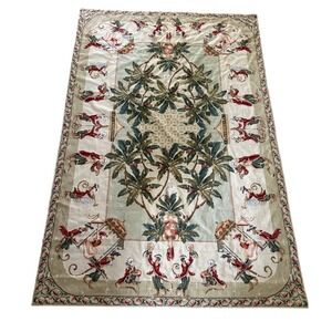 Needlepoint Rug 104"x 66.5"  Green Chinoiserie Monkey Palm Wool Handmade Luxury